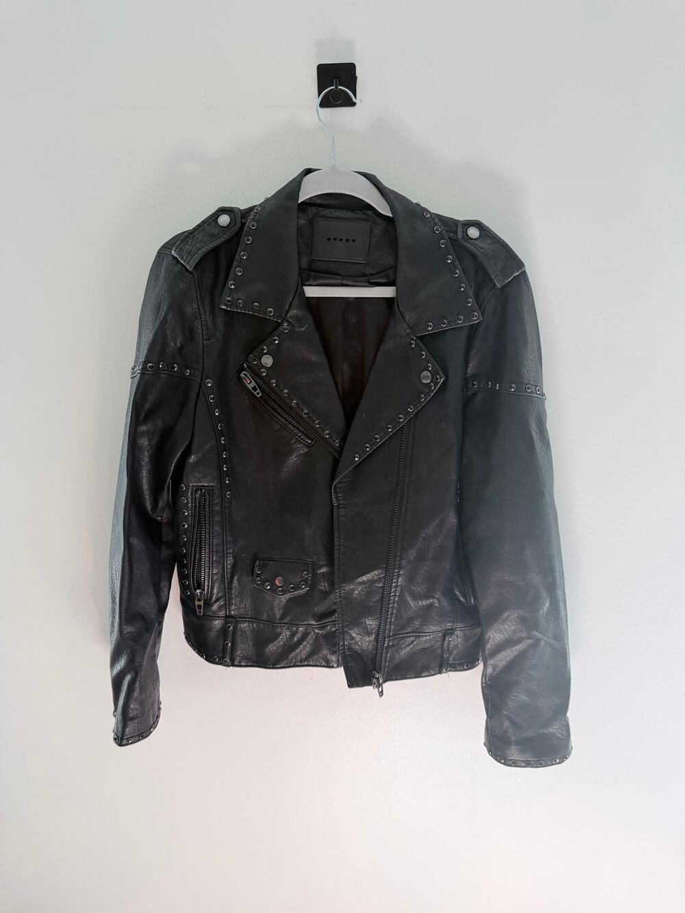 BLANK NYC Black Rhinestone Studded Biker Faux Leather Jacket-Size L